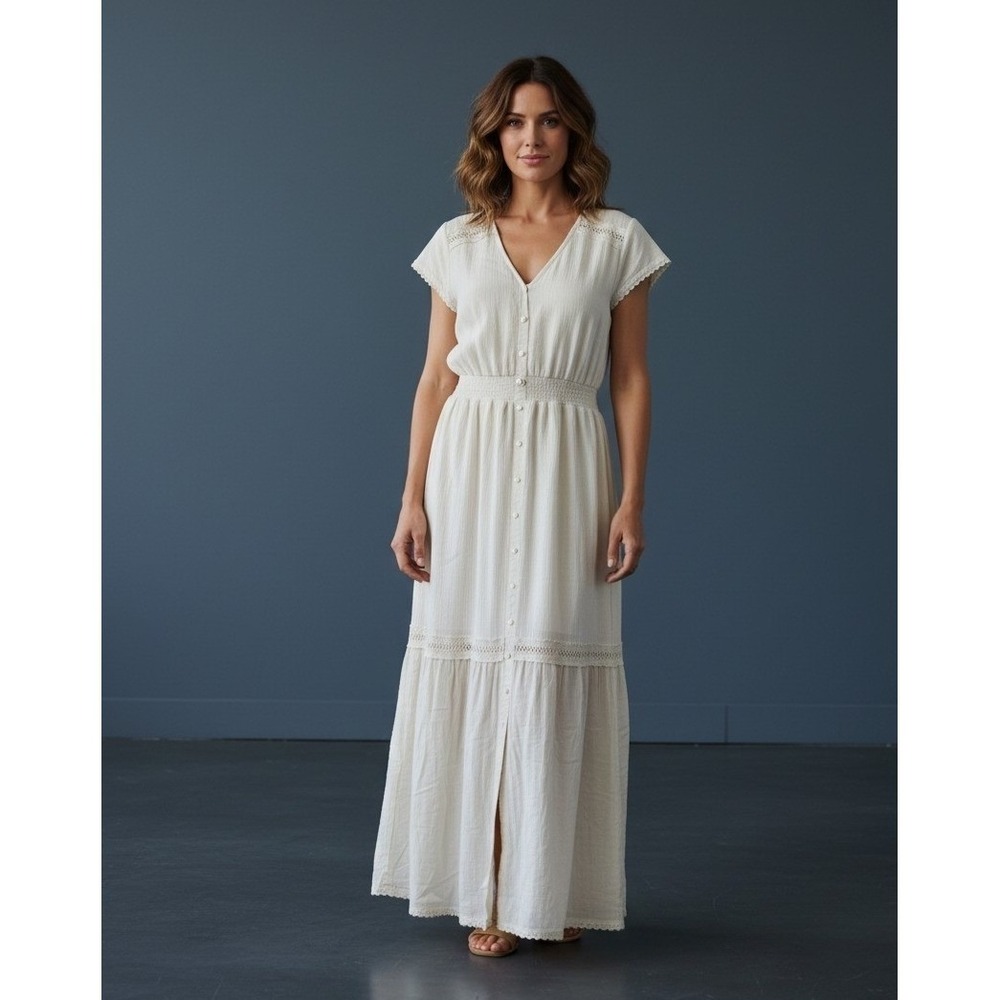 Wonderly Curvy White Gauze Button Down Smocked Waist Lace Trim‎ Maxi Dress 1X